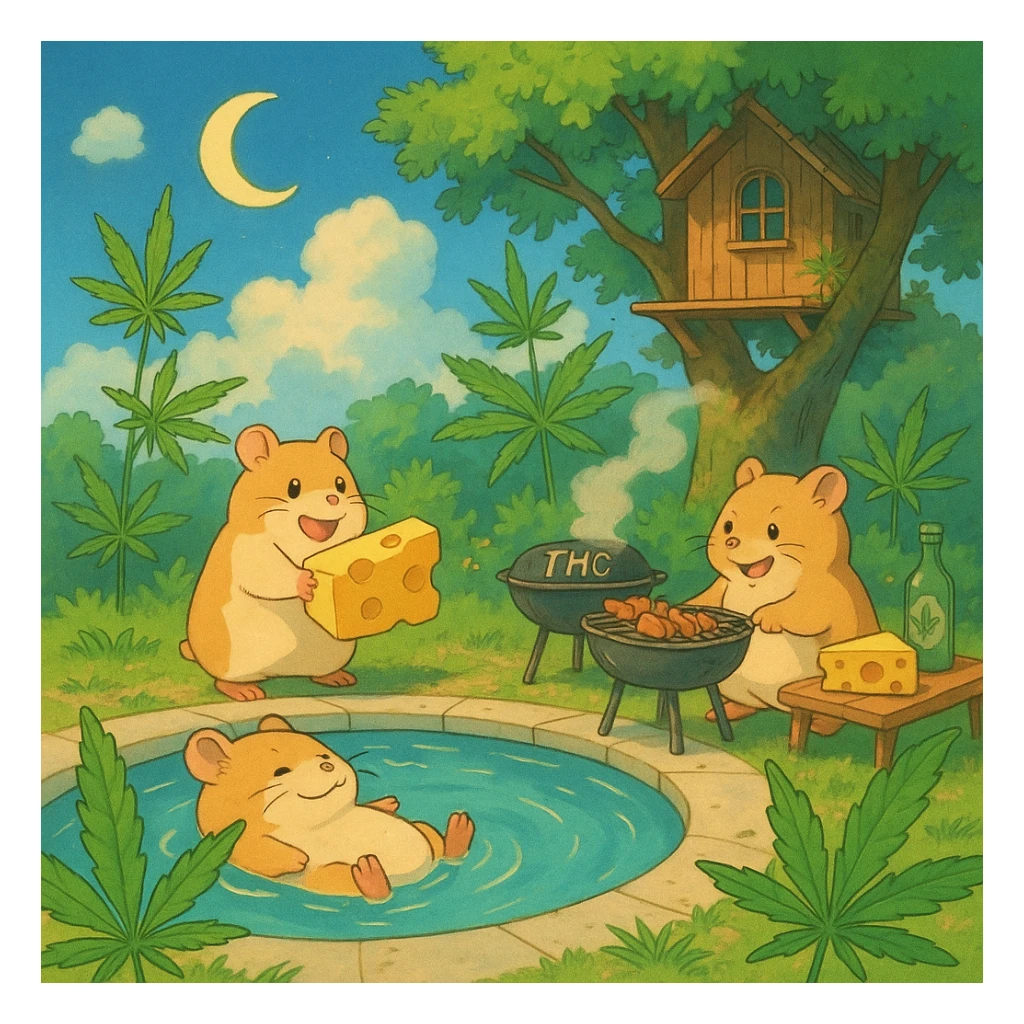 Discord server icon, square format, summer pool cookout with up to 3 hamsters playing and having fun, weed leaves, cheese, THC theme, no disco ball, no Discord logo, near a treehouse, possibly in space, Ghibli style, soft dreamy colors, nostalgic, fun, inviting, summer party vibe, clear composition sticker