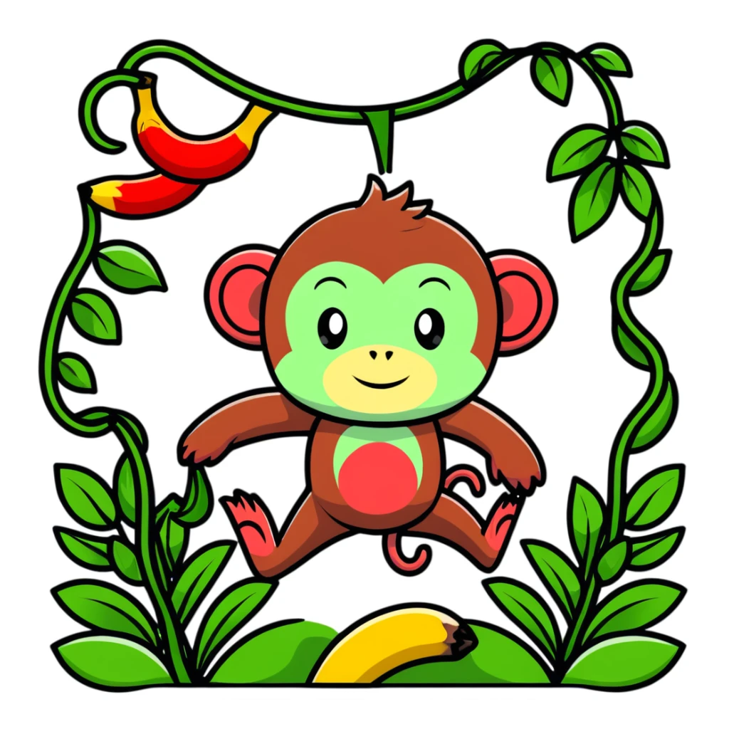 A surreal hybrid creature that is half monkey (top) and half banana (bottom). Green monkey with red facial features on top, and an opened banana peel forming the lower body. In a lush jungle environment with hanging vines and tropical foliage sticker