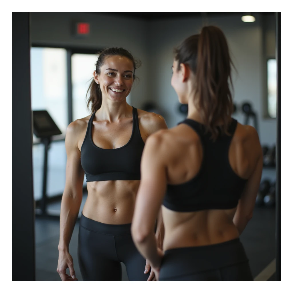 hyperrealistic 4K image of a woman taking a mirror selfie showing her toned abs and proud expression, wearing gym clothes, bright gym environment, detailed fitness progress sticker
