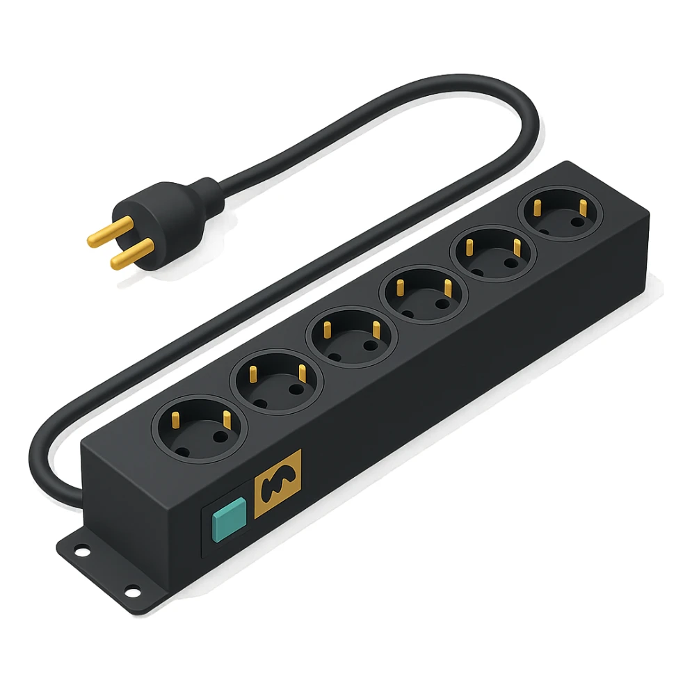 A 19-inch telecommunications power distribution unit in a 3D style, using a color palette of three colors (5EC6F1/F9DCAF/353946) sticker