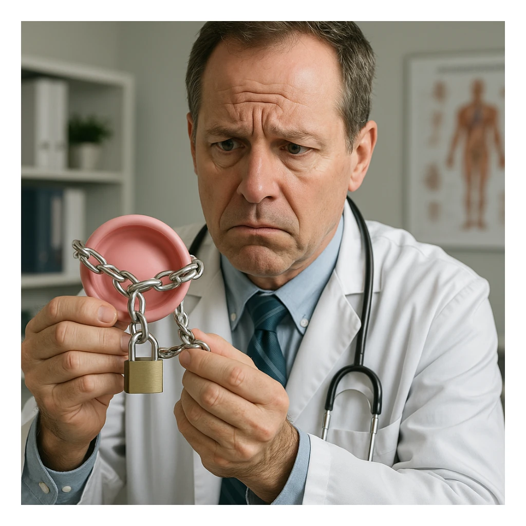 realistic doctor showing a diaphragm locked with a chain, worried expression, realistic details, medical office, no comic elements, hyper realistic style sticker