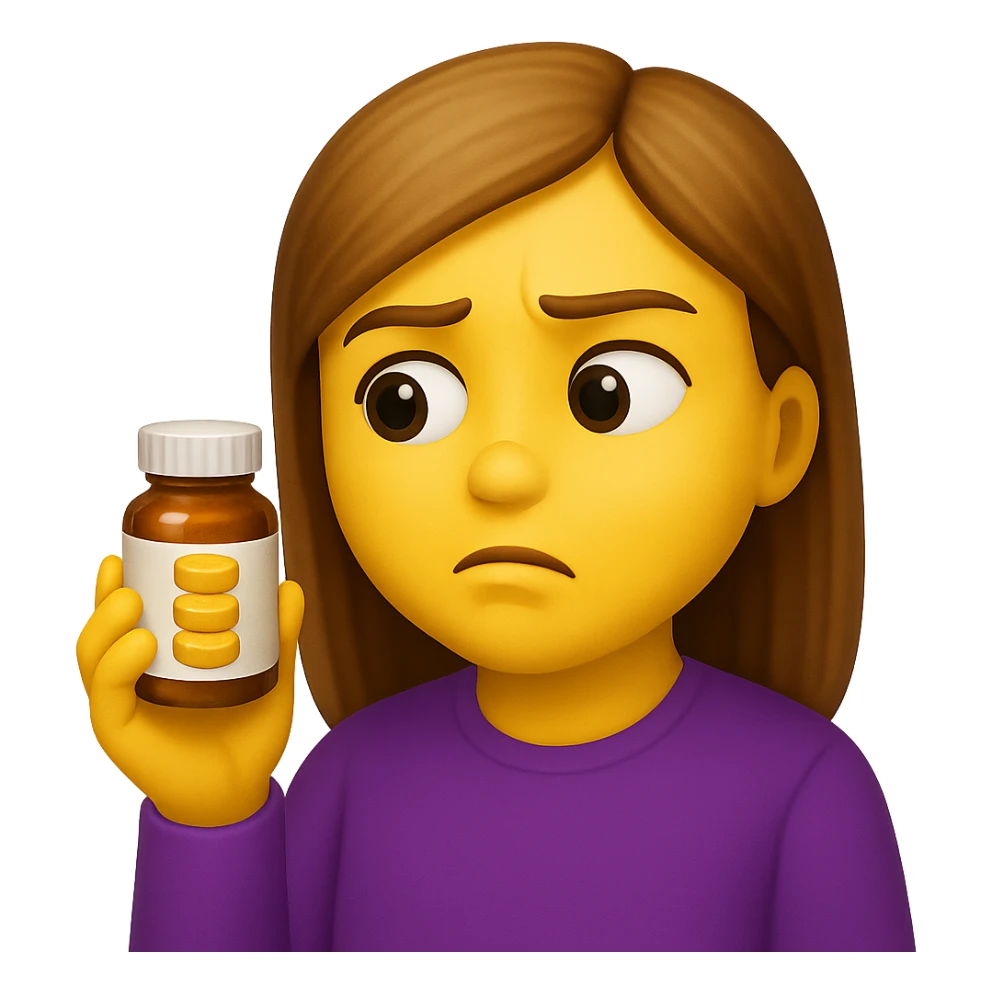 DONNA STILE EMOJI IPHONE DI UNA DONNA CON BOCCETTA DI INTEGRATORE IN MANO ED ESPRESSIONE DUBBIOSA, 4K sticker