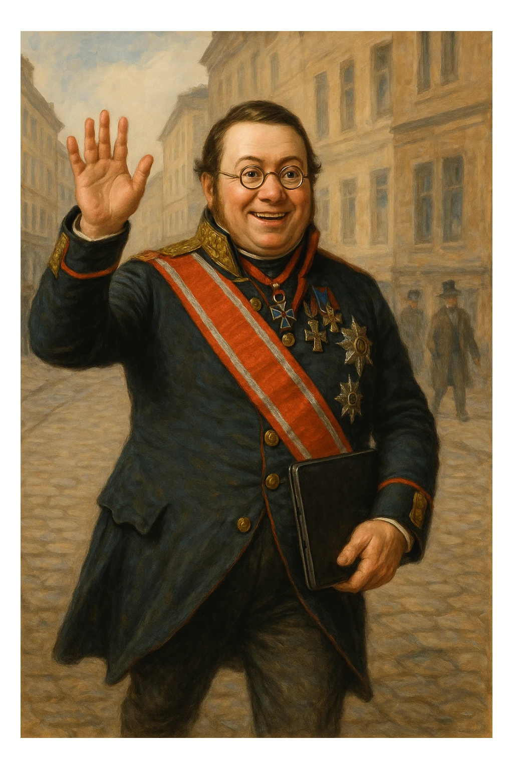 Павел Николаевич Демидов идёт с закрытым ноутбуком по улице города 19 века в руках улыбается и машет рукой вперед, рисованный стиль sticker