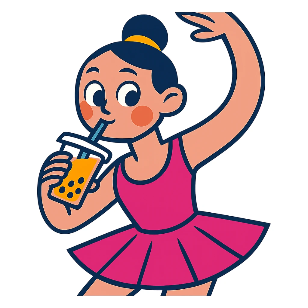 a ballerina drinking boba, fun and expressive style, vibrant toon style, playful and colorful sticker