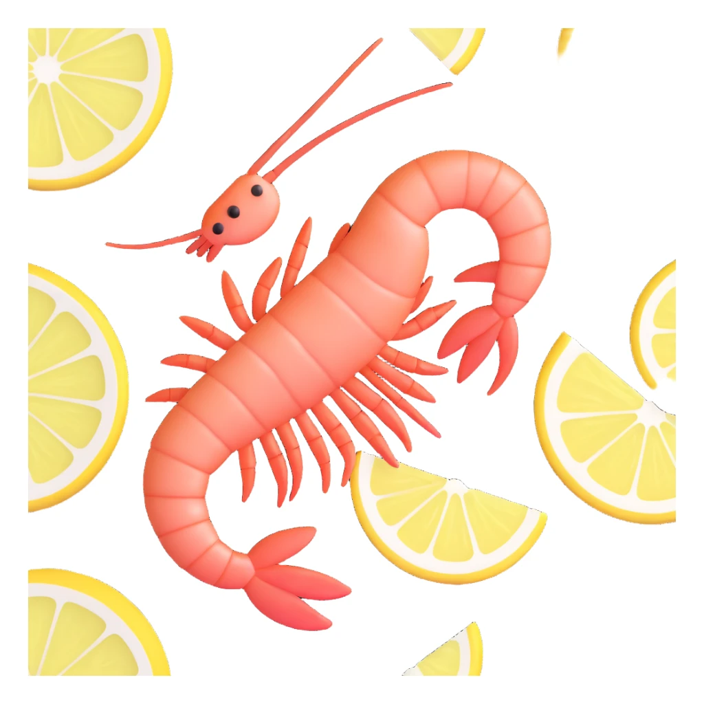 realistic shrimp with lemon slice, 3D emoji style sticker
