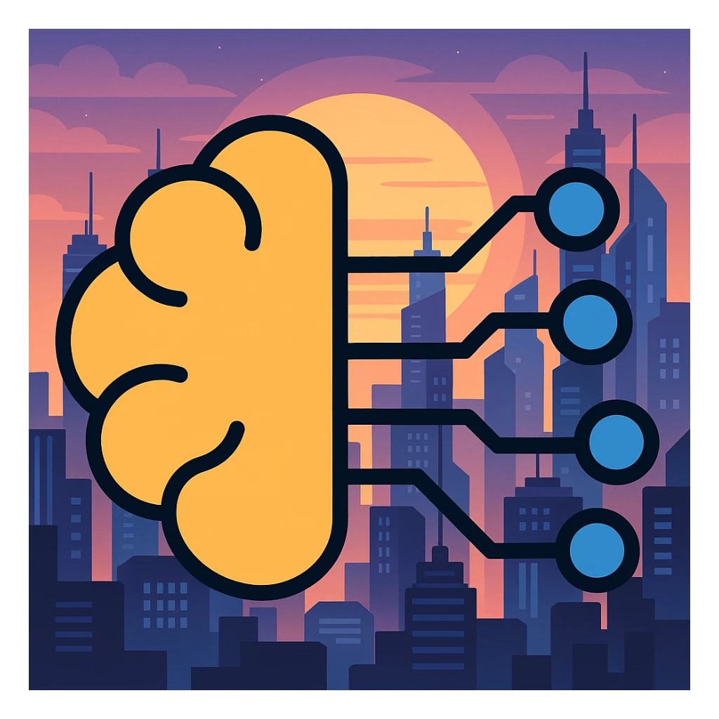 Add a futuristic city background, keep the brain with circuit lines as the main subject, maintain color outline style sticker