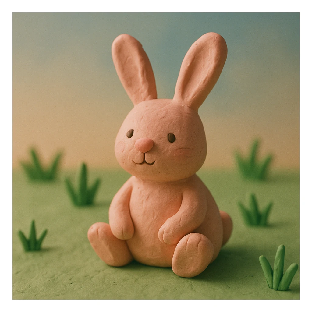 rabbit sitting in grass, pastel colors, visible fingerprints, cute and playful, claymation style sticker