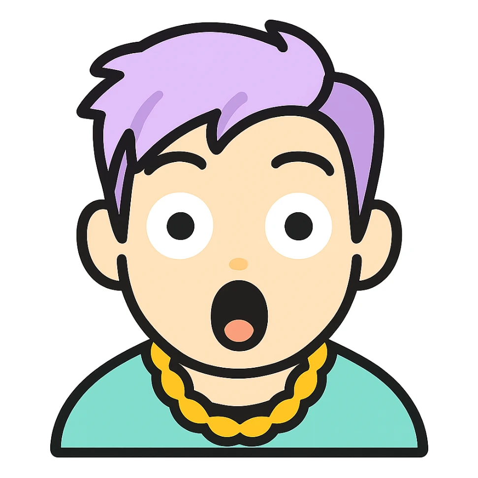 Edit the emoji to have pastel tone colors, add a gold chain necklace as an accessory, and give a surprised expression. The style should be minimalistic with bold lines, bright colors, and playful, resembling an emoji style with no background. sticker