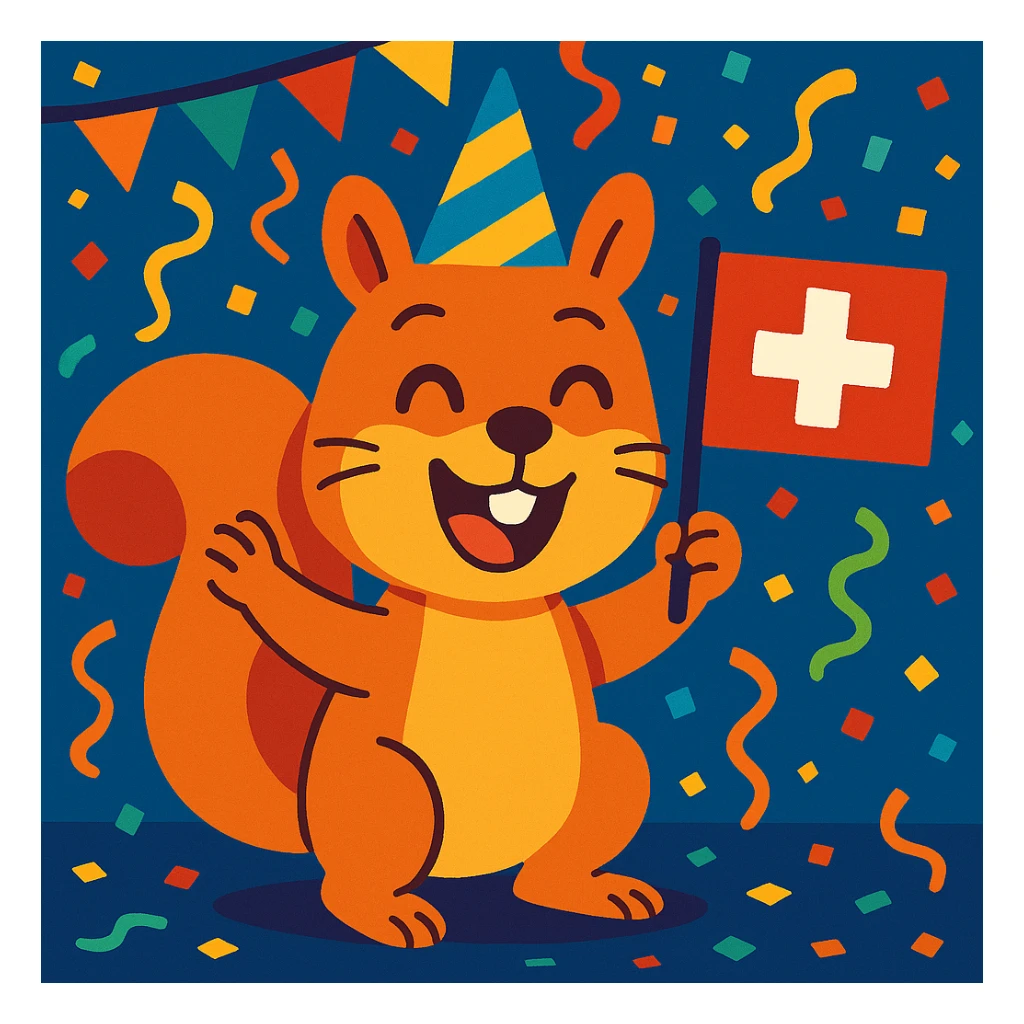 happy squirrel at a party, confetti everywhere, proudly displaying a Swiss flag, fun and energetic sticker