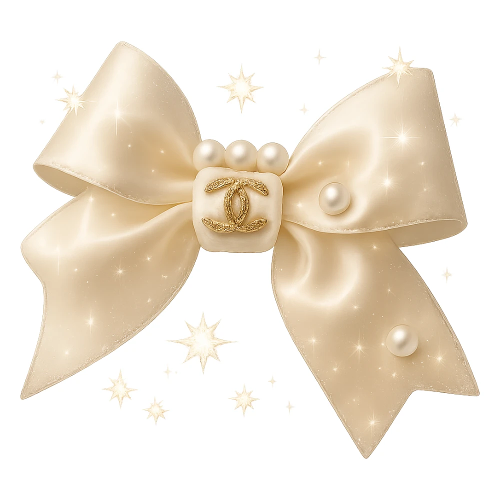 Add a solid white background behind the elegant bow with pearls and gold Chanel logo, sparkling effects, glossy, soft lighting, realistic style. sticker
