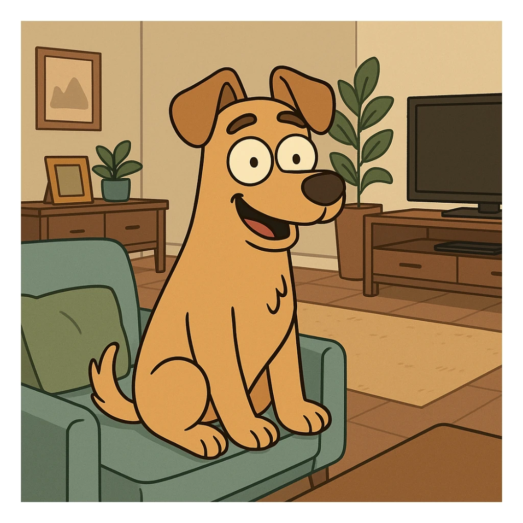 a dog in a modern living room, flat toon style sticker