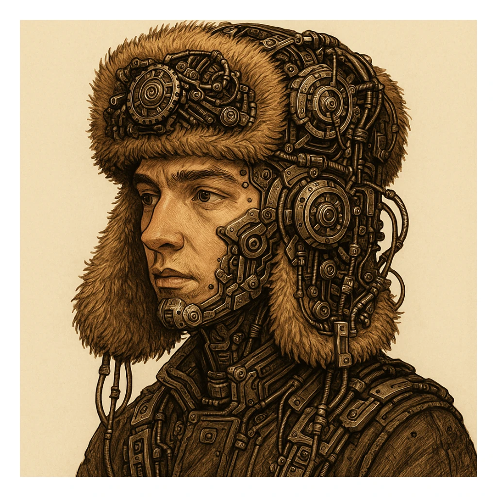 Mateo character wearing a ushanka (shapka) hat, with mechanical and robotic elements, creative style, detailed mechanical parts and fur hat sticker