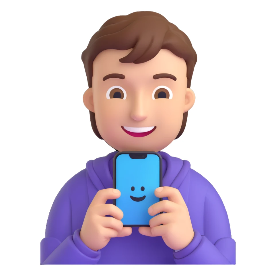 MrBeast as a 3D emoji, holding a smartphone, smiling sticker