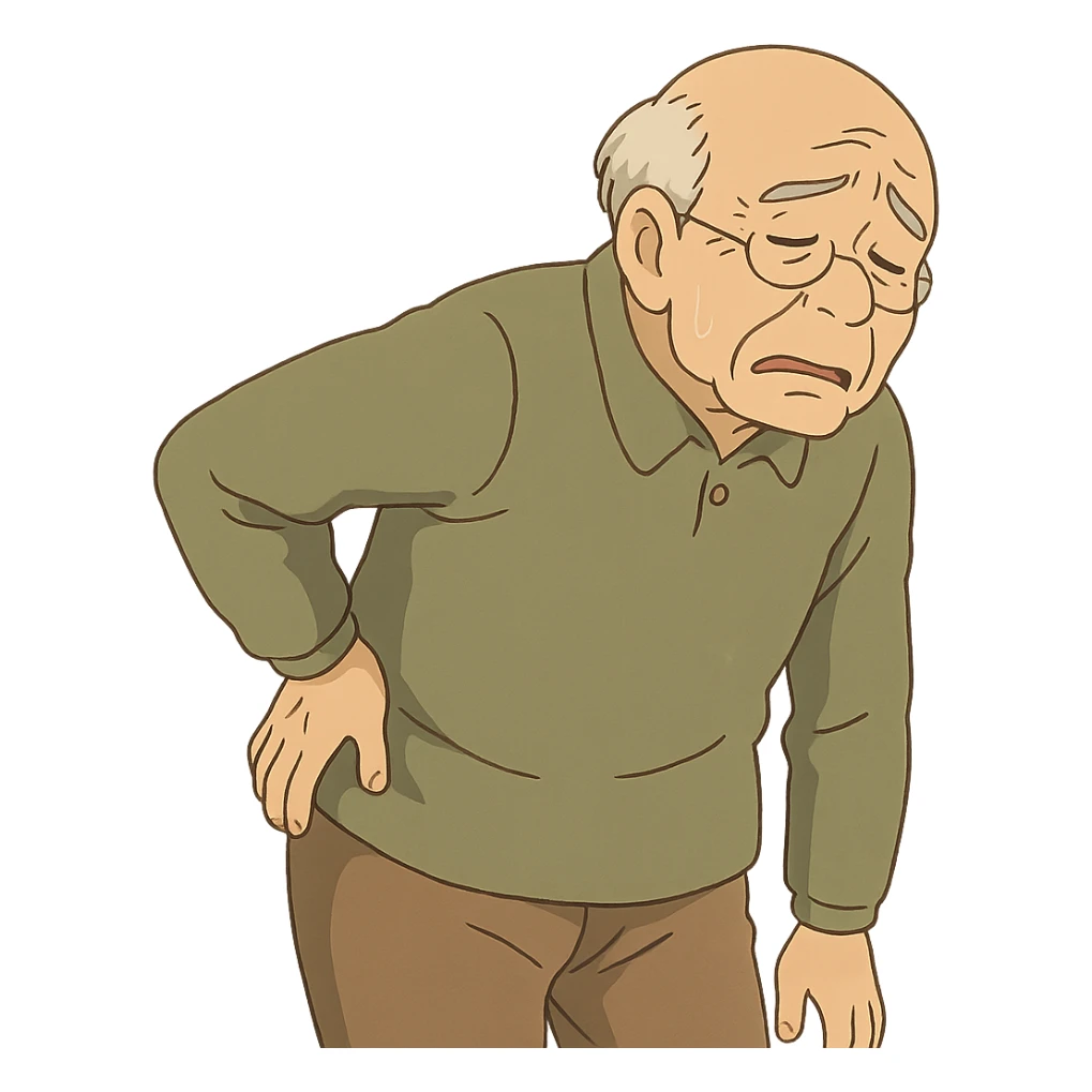 ghibli style elderly person with hand on back, showing discomfort, no text sticker