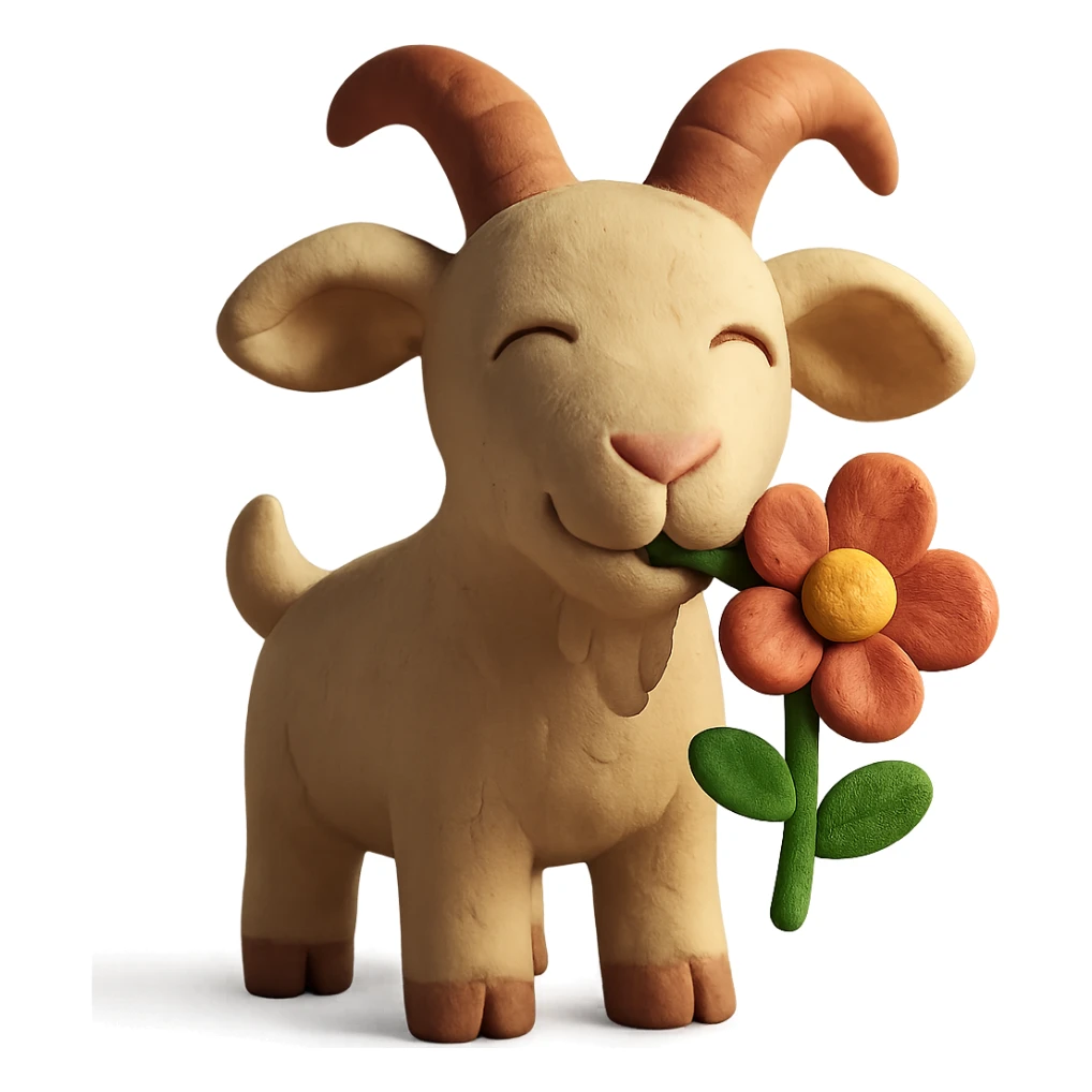 goat chewing on a flower, cute and whimsical, matte finish, claymation style sticker