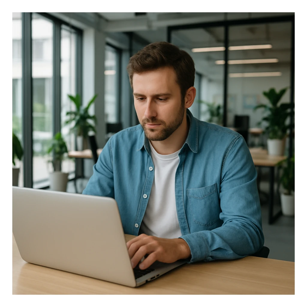 a white man in front of a laptop, modern office setting sticker