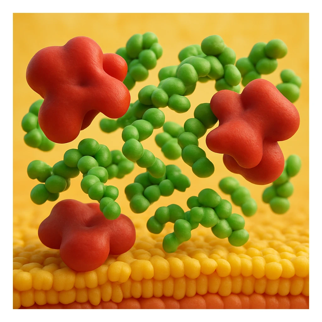 A realistic 3D render and really detailed of enzymes (red) breaking down starch (green) near a cell membrane (yellow). Macro photography style. No labels. sticker