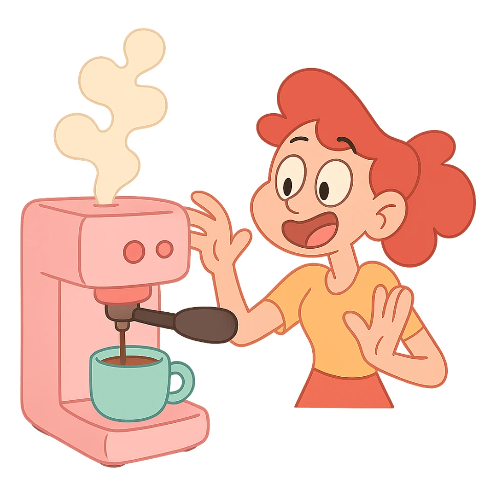 pastel pink coffee machine, calArts 2010s cartoon style, whimsical, with steam sticker