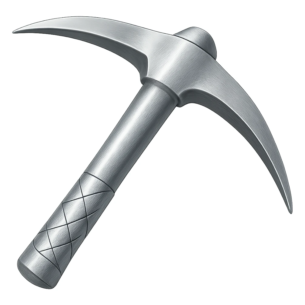Recolor this iron pickaxe to steel: make it slightly lighter, crisp, and shiny, keep the same shape, realistic metallic steel, emoji style, transparent background. sticker