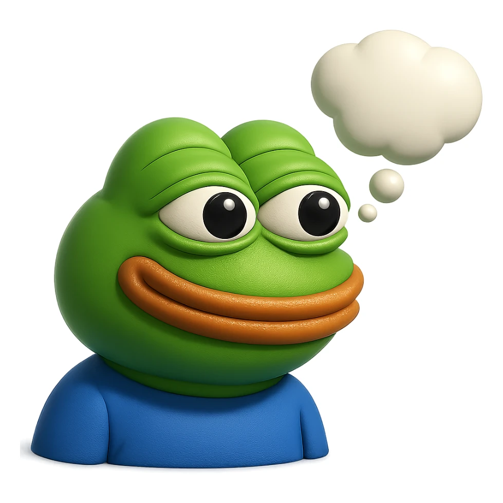 make a pepe in bright green smiling with thought bubble looking at right side in 3d style, good highlights and shadows, drop shadows sticker