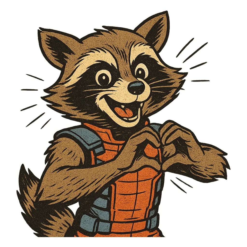 Rocket Raccoon in old school comic book style, making a heart gesture with his hands, cheerful expression sticker
