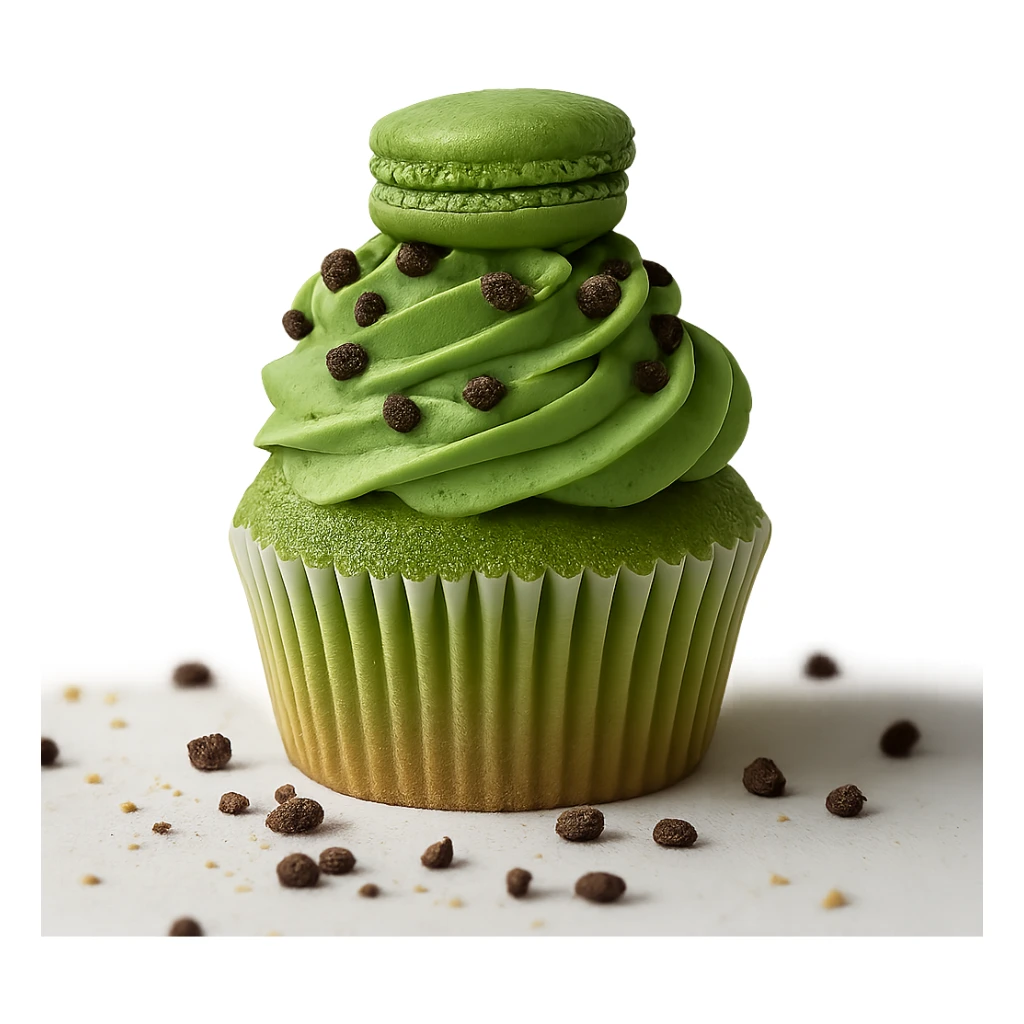 Change the icing to matcha (green tea) flavor, keep the realistic cupcake and accessories, photorealistic style, transparent background. sticker
