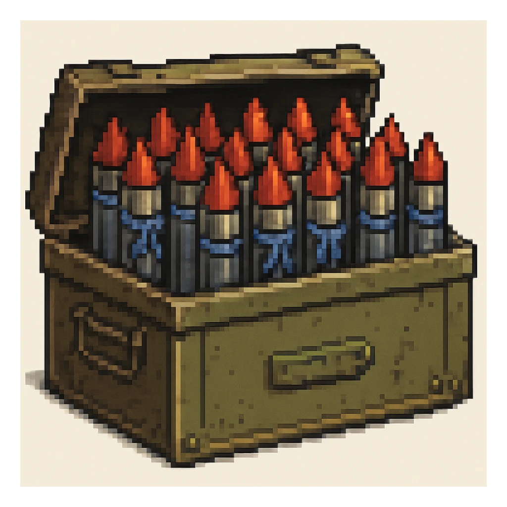 A big long military box filled with long war rockets with a blue ribbon, pixel art style sticker