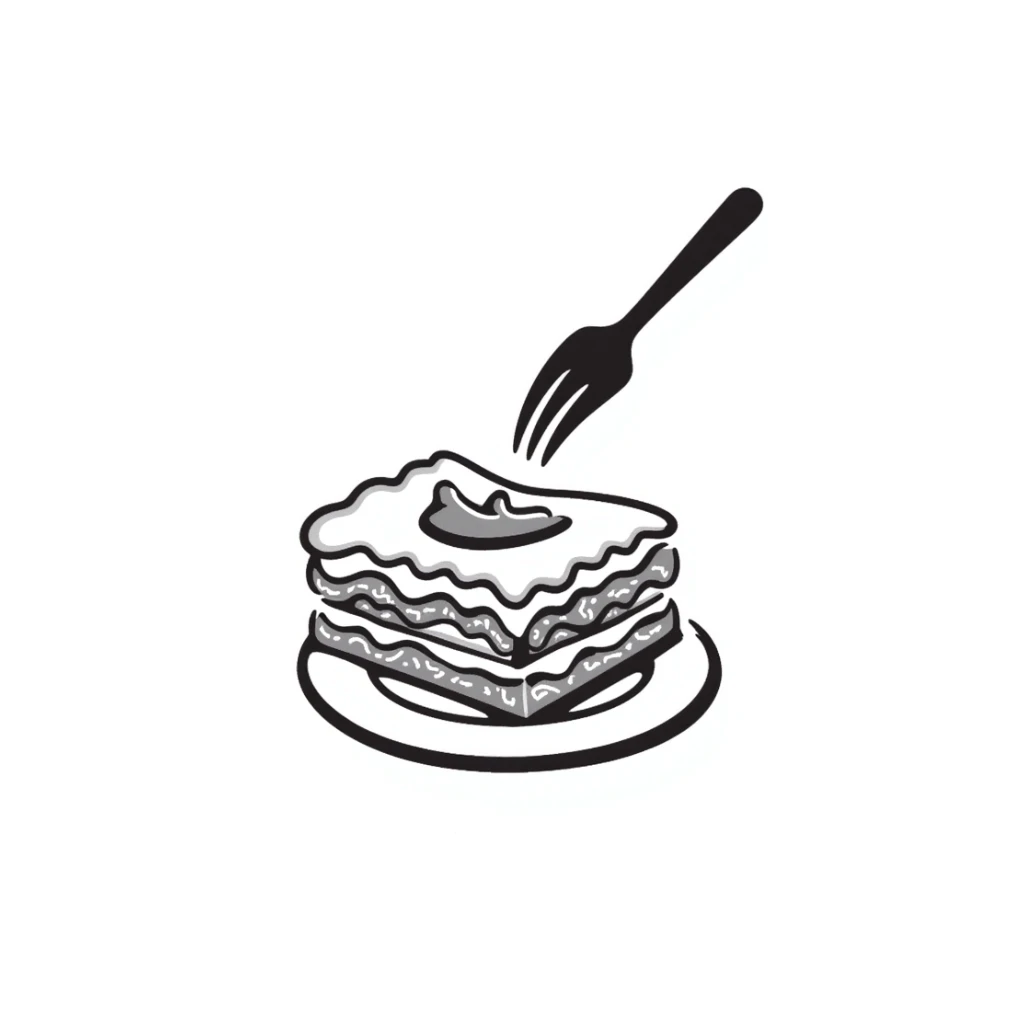 A hand-drawn plate of lasagna with a fork taking a bite, showing the layers sticker