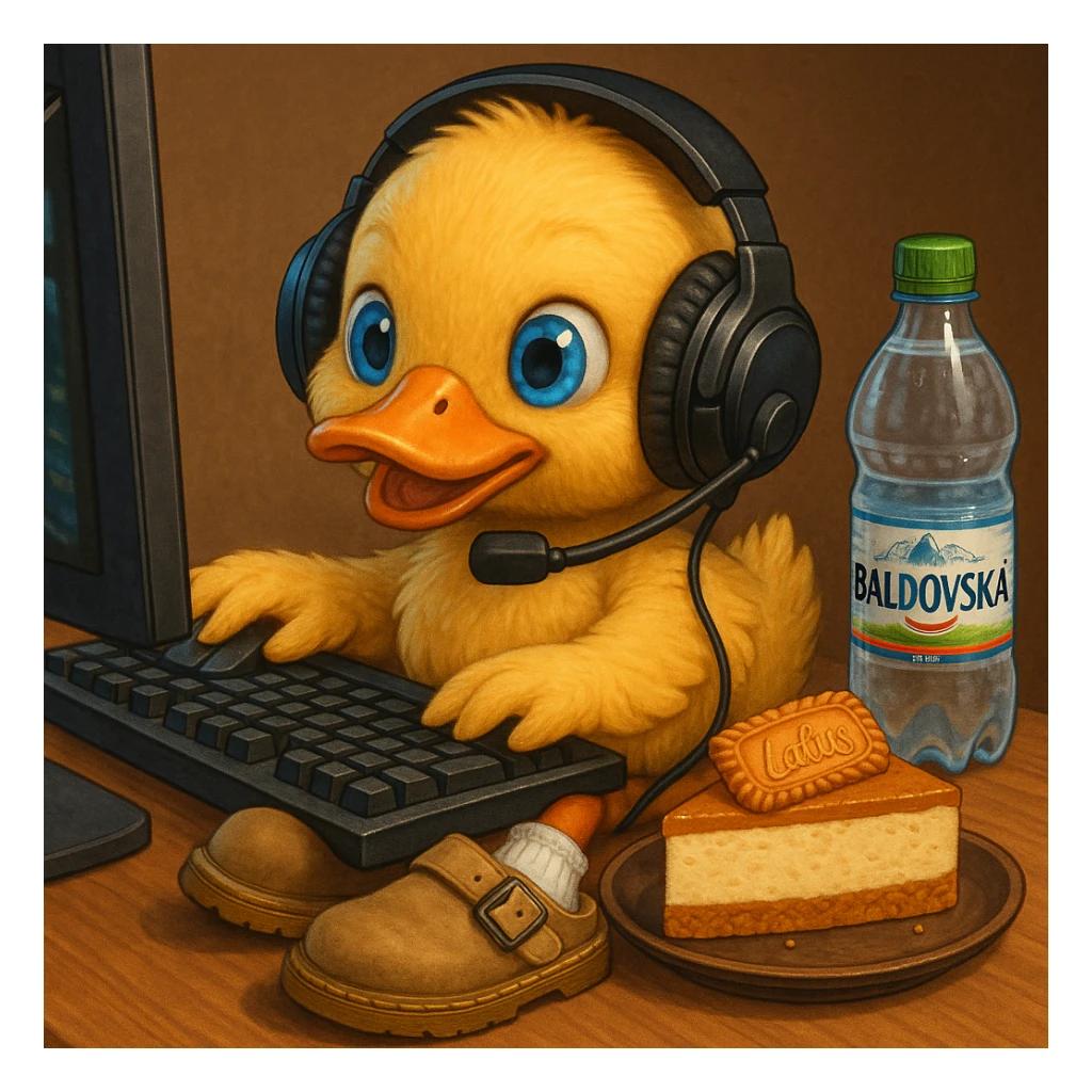 a small duck with blue eyes, playing games on a computer, wearing a headset, white socks, beige Dr. Martens Jorge slippers, drinking Baldovská mineral water, eating a Lotus cheesecake, detailed, vibrant sticker
