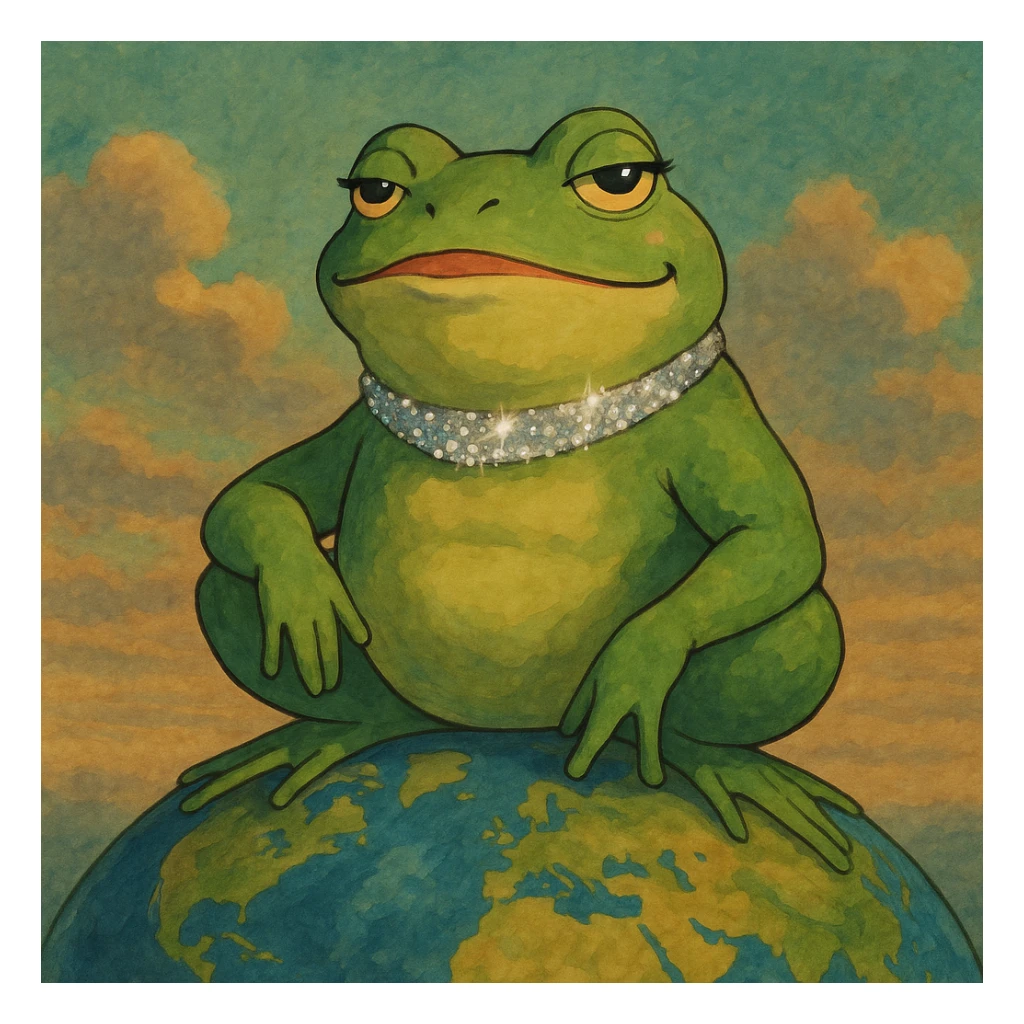 glamorous frog with sparkly choker, ruling the world, ghibli style sticker