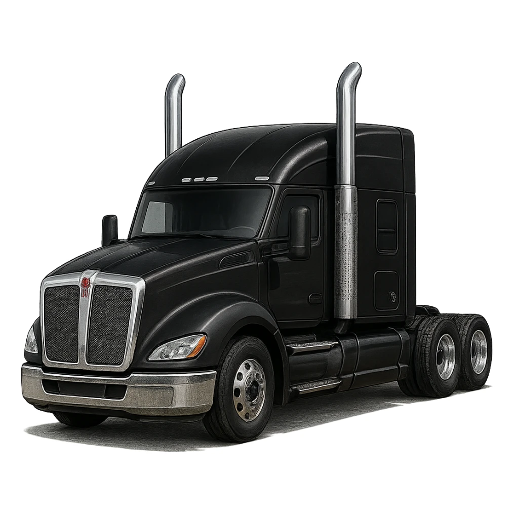 Make the 2026 Kenworth T680 Flattop truck look more realistic, keep it black with chrome stacks, detailed, semi-realistic illustration style, transparent background. The style should be semi-realistic and detailed as a high-quality illustration. sticker