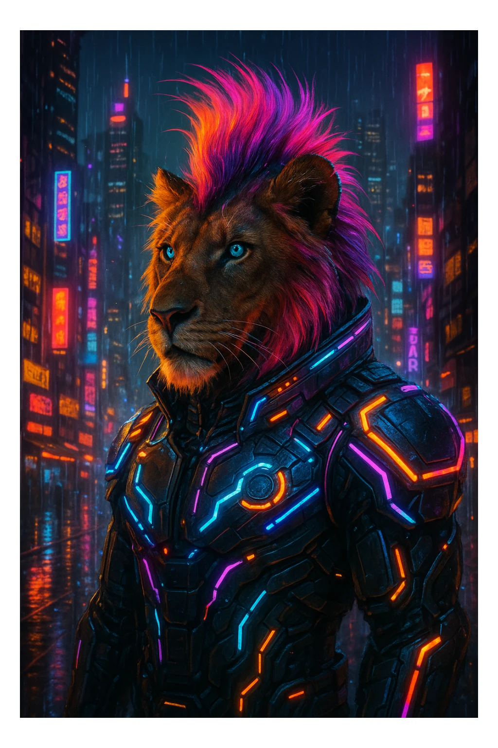 a lion in a cyberpunk suit with a mohawk, LED lights, cityscape background, cyberpunk theme sticker