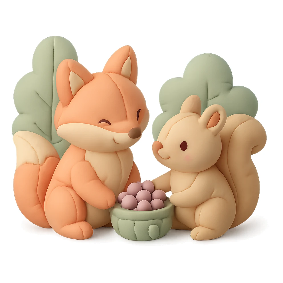 fox and squirrel sharing berries in a forest friendship scene, soft pastel colors, cushion style sticker