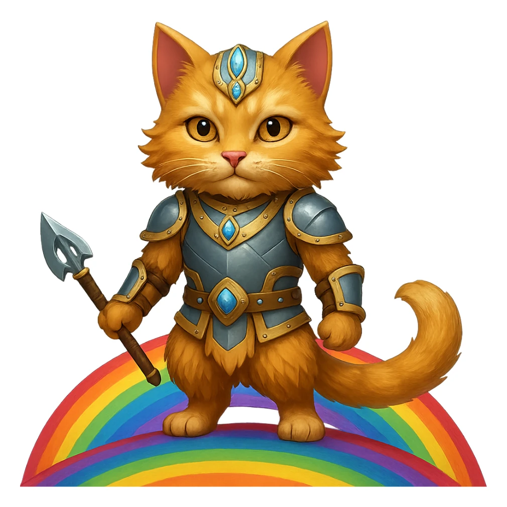 Add a rainbow bridge beneath the valorous Viking cat in Valhalla. Keep the background transparent. The style should match the original image's look and feel. sticker