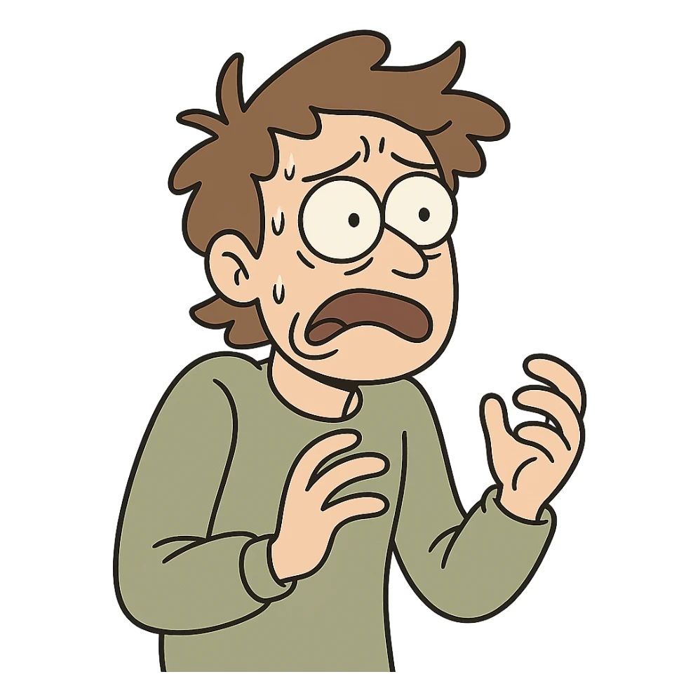 a person with wide eyes and tense posture, anxious, cartoon style sticker