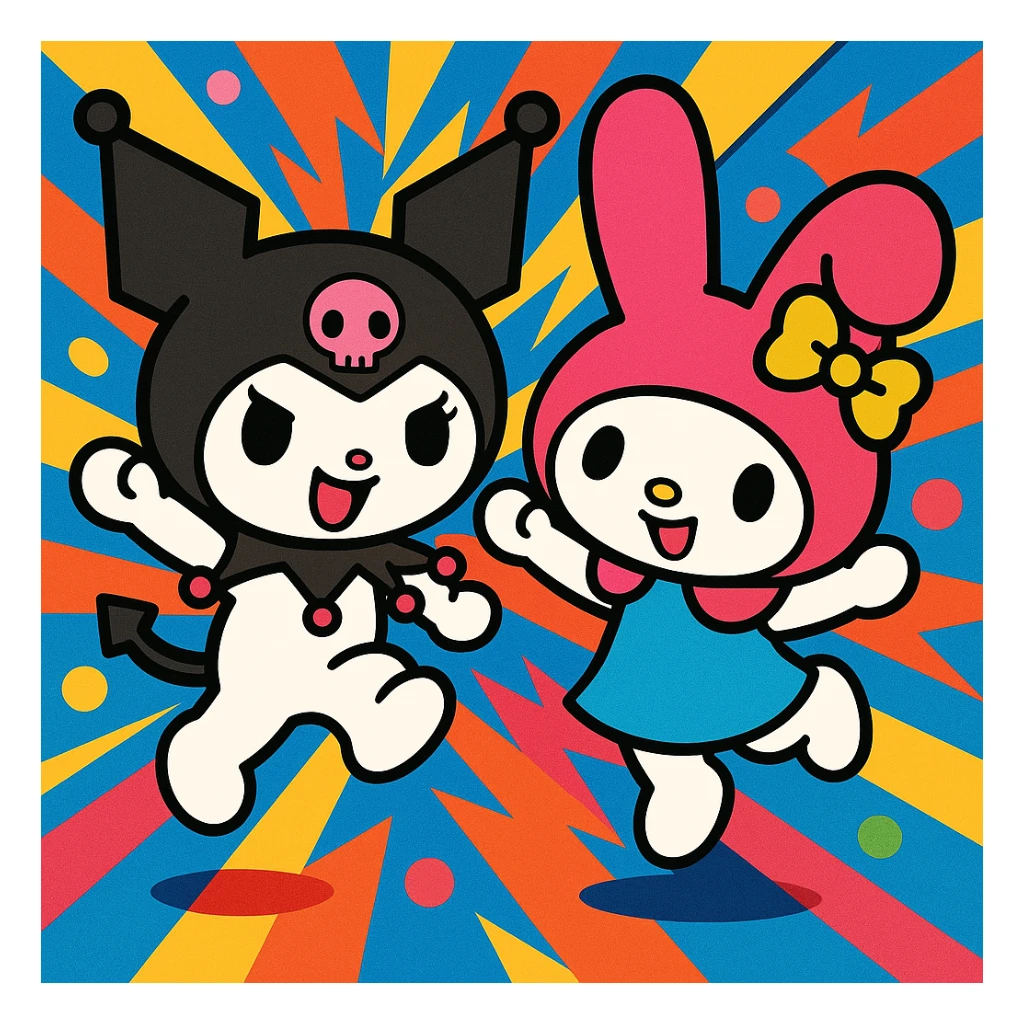 Kuromi and My Melody together, energetic pose, bold colors sticker