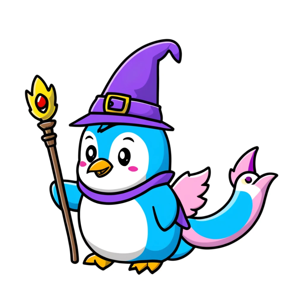 penguin wizard with a staff and hat, surrounded by a small dragon, fairy, and unicorn, colorful fantasy landscape with a castle sticker