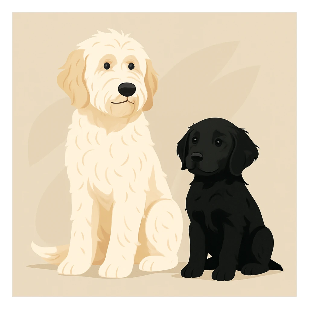 large light cream colored goldendoodle and a small black golden retriever, modern illustration style, clean, sleek, contemporary sticker