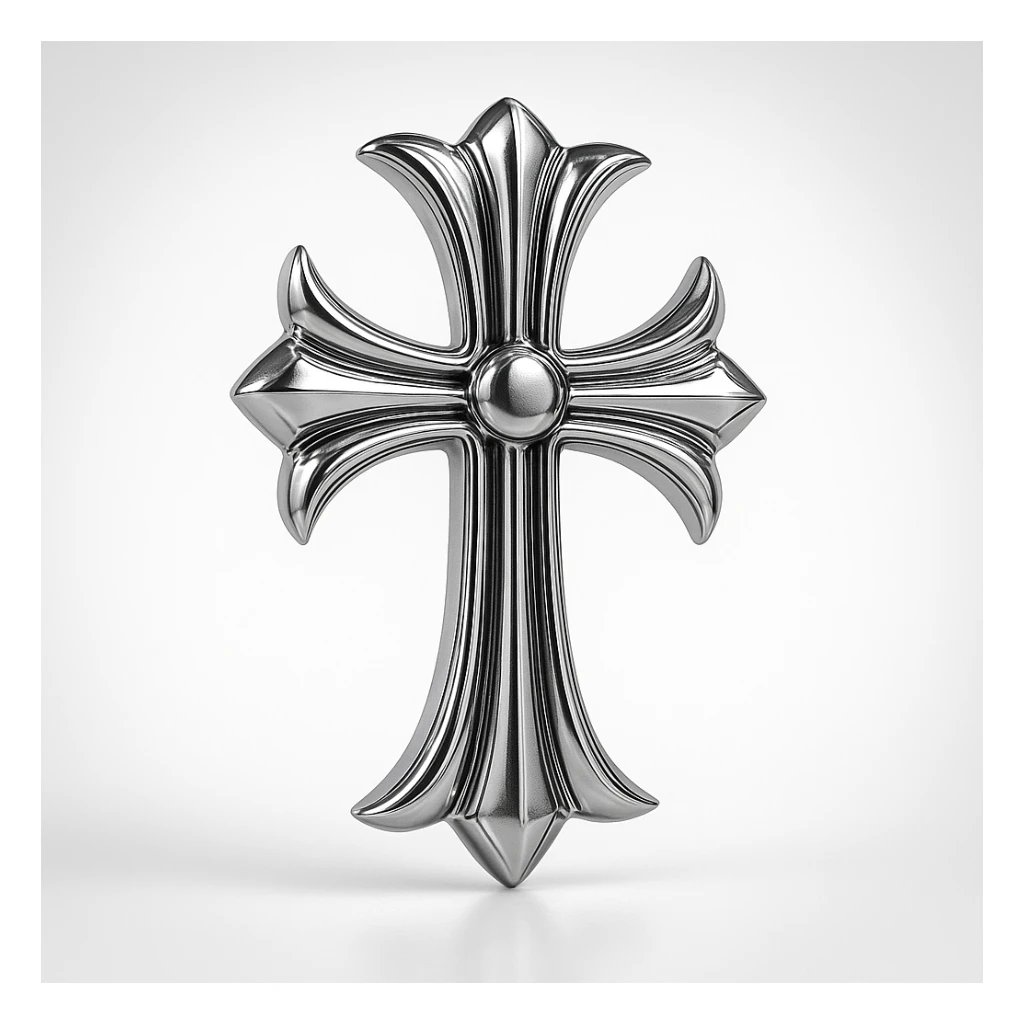 Chrome Hearts style cross, metallic chrome, bold gothic details, intricate edges, luxury jewelry vibe sticker