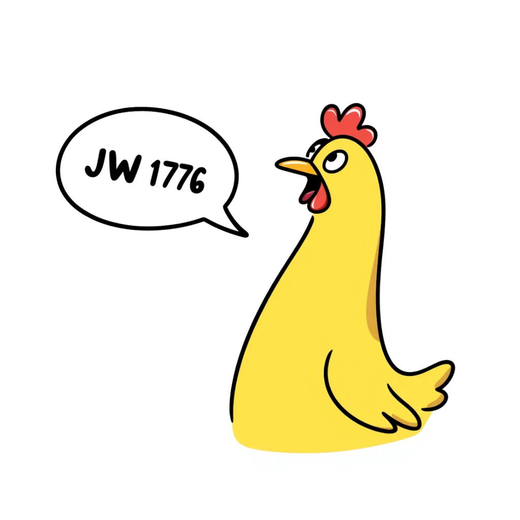 cartoon style shouting yellow long neck chicken with a funny expression, 'JW 1776' in a speech bubble sticker