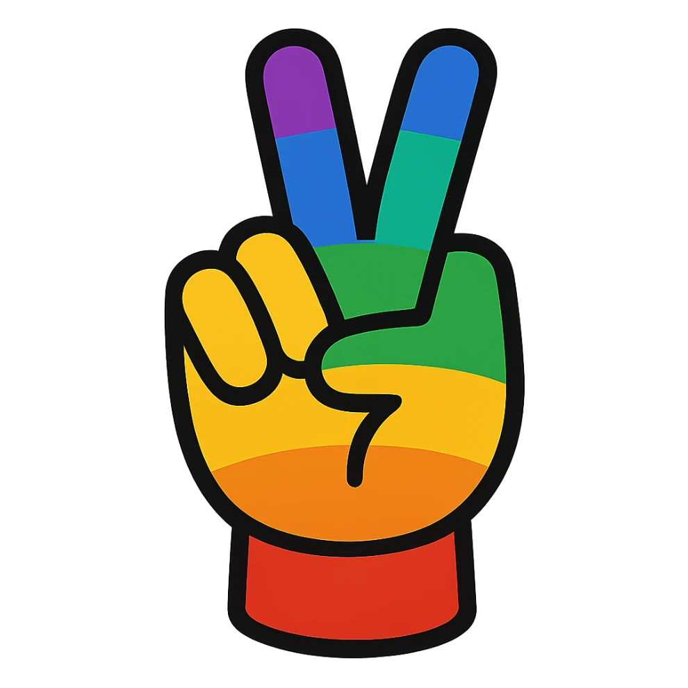 hand making a peace sign with a rainbow theme sticker