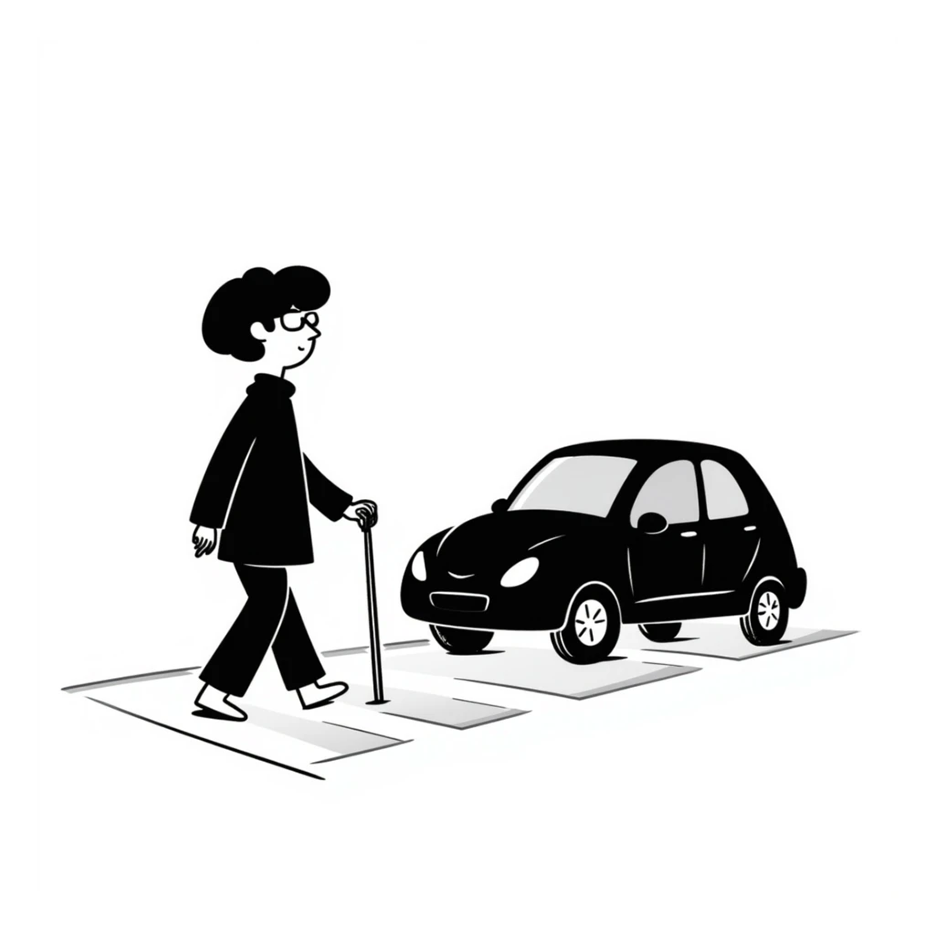 a blind person with a white cane walking on a pavement, but a car is parked blocking the path, black doodle style sticker