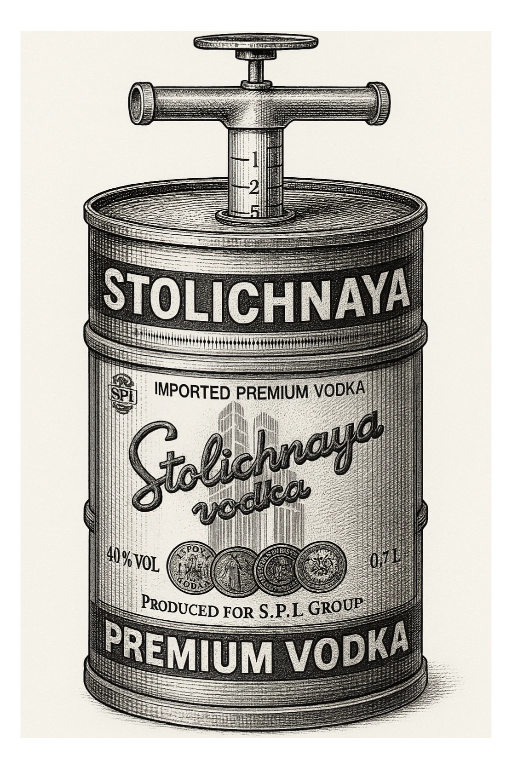 нарисуй в такой форме, как во вложении бутылку водки, но чтобы она была похожую на бочку нефти, в стиле как во вложении второе фото sticker