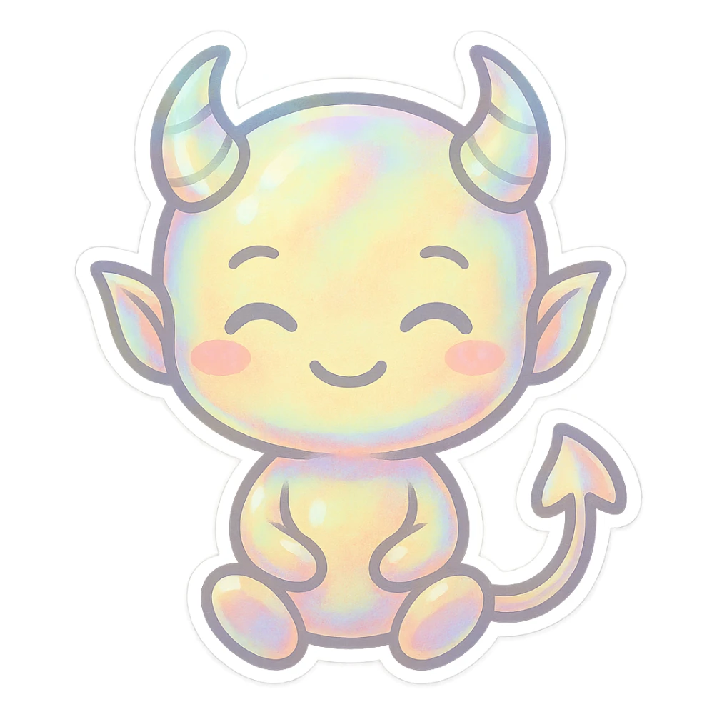 devil emoji, chibi style, holographic effect, iridescent pale yellow and peach, elegant horns, sweet smile sticker