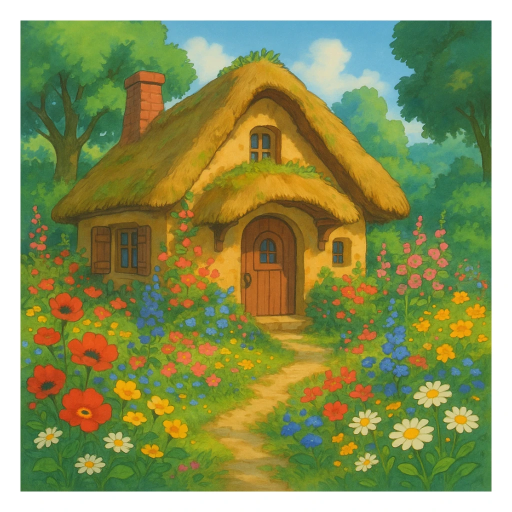 a small cottage with a thatched roof surrounded by flowers, ghibli style sticker