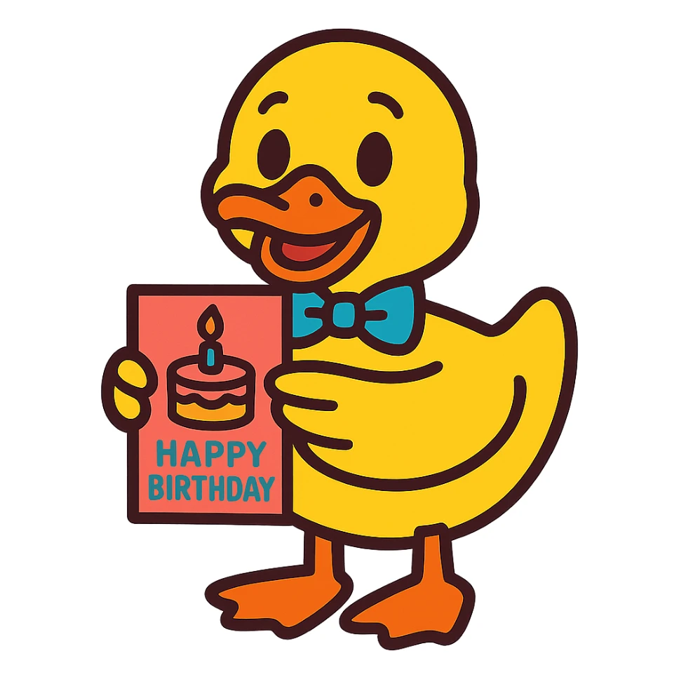 duck with bowtie holding birthday card, vibrant-toon style sticker