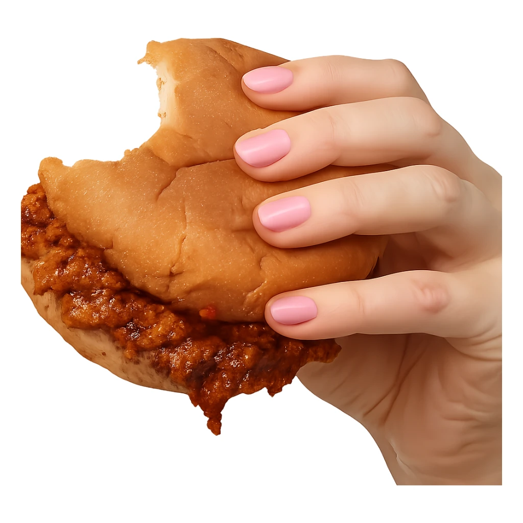 a sloppy sandwich with a bite on one side, held by a hand with pink nails sticker
