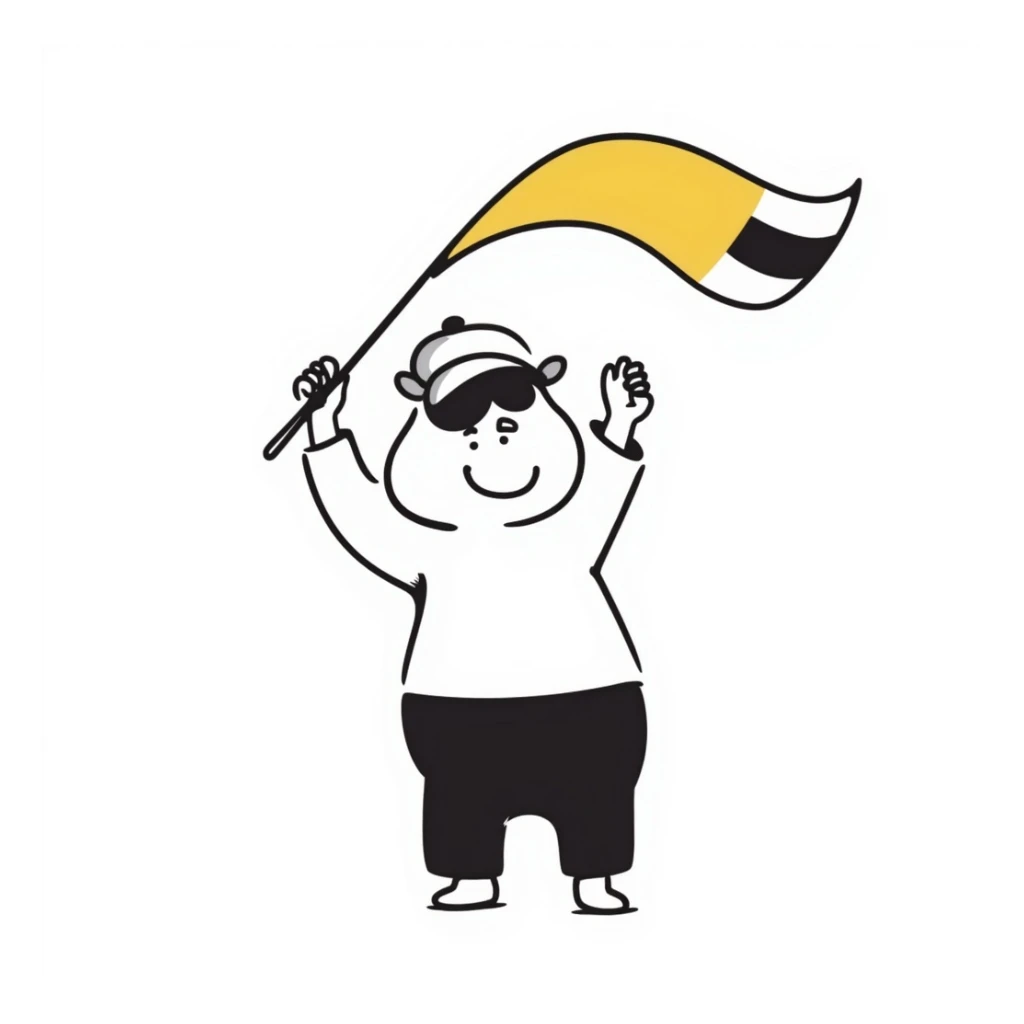 hippo holding a yellow flag wearing a baseball cap sticker