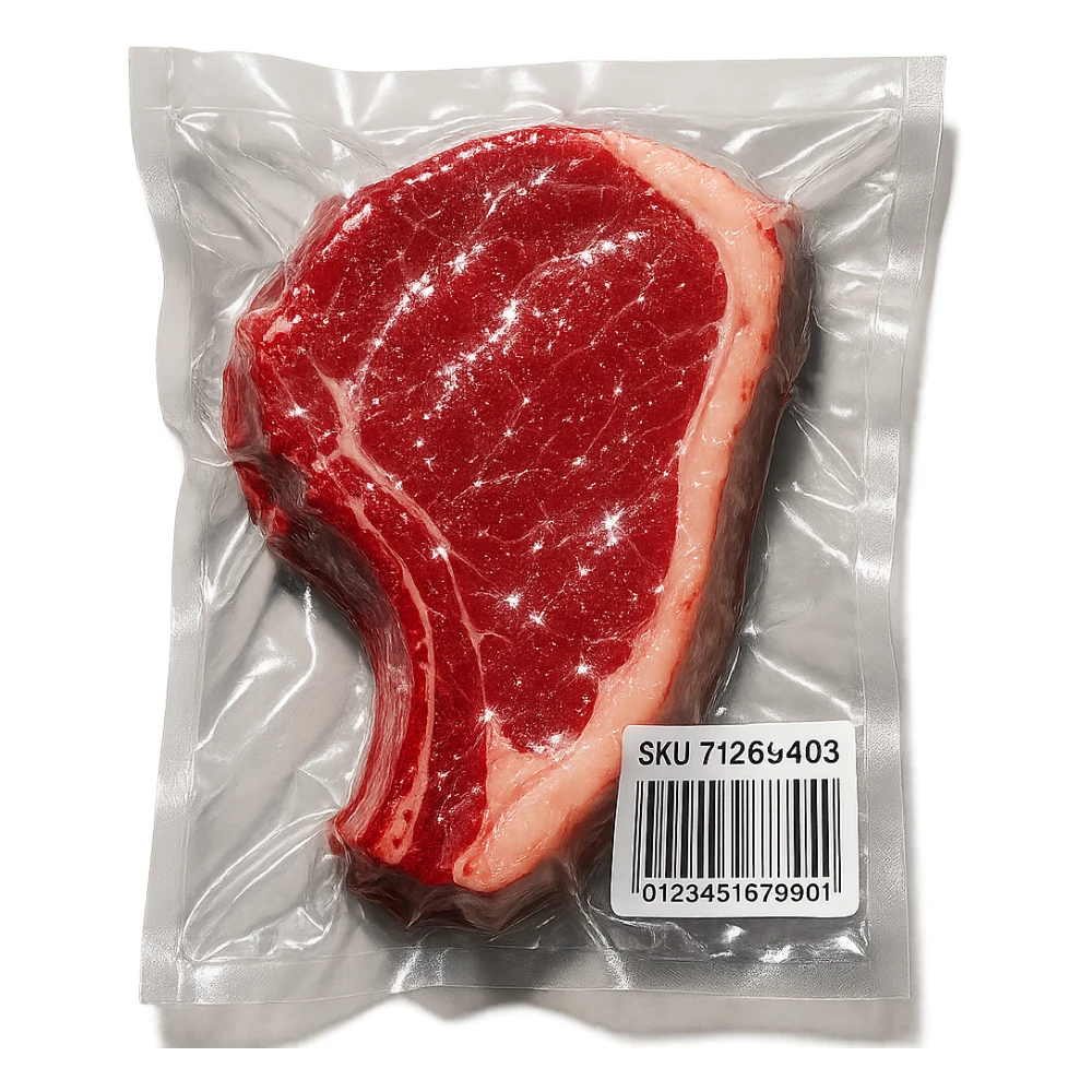 steak with sparkling highlights, glossy and inflated, vacuum-sealed style sticker