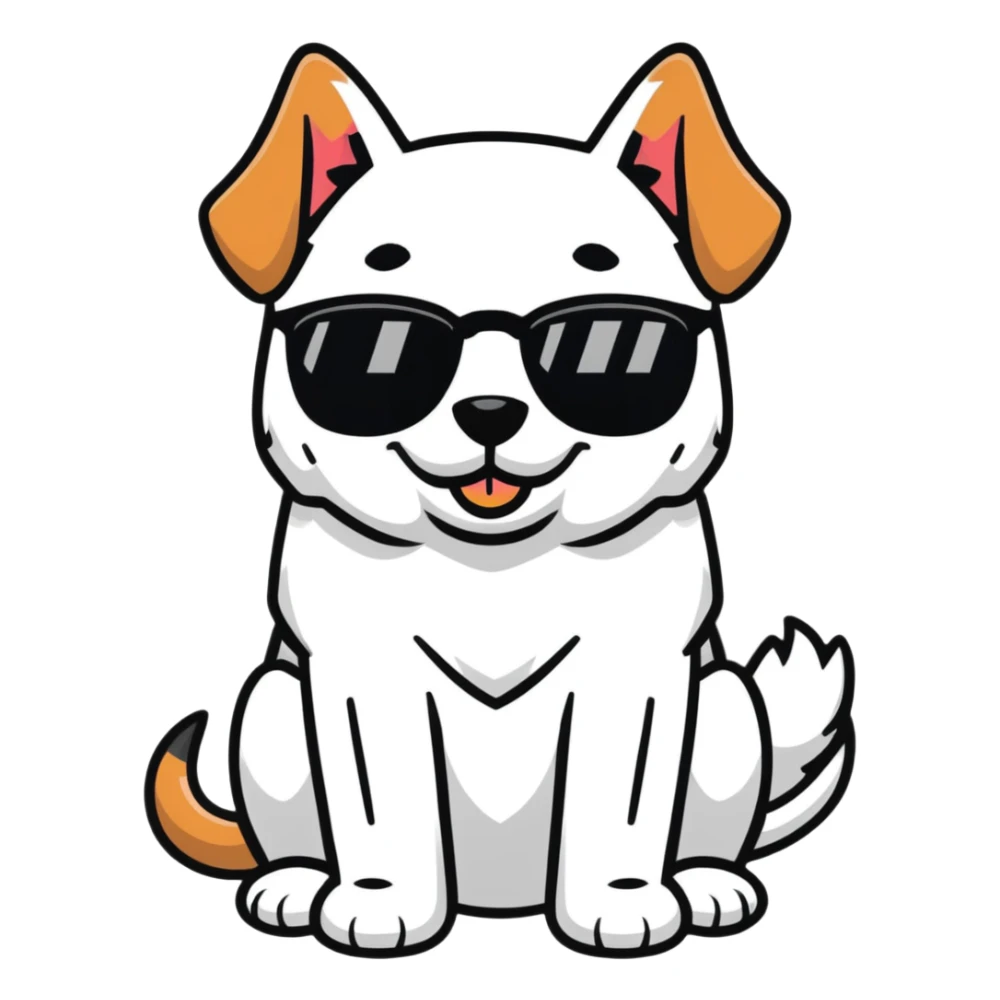 Dog wearing glasses with a sweet smile sticker